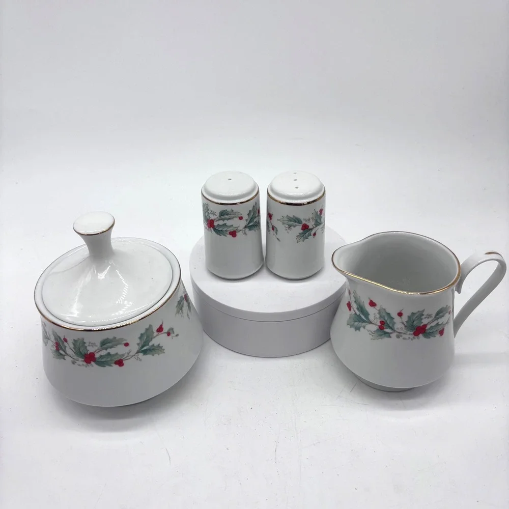 China Pearl Holly Berry Christmas Creamer Sugar Salt Pepper Set White Holiday